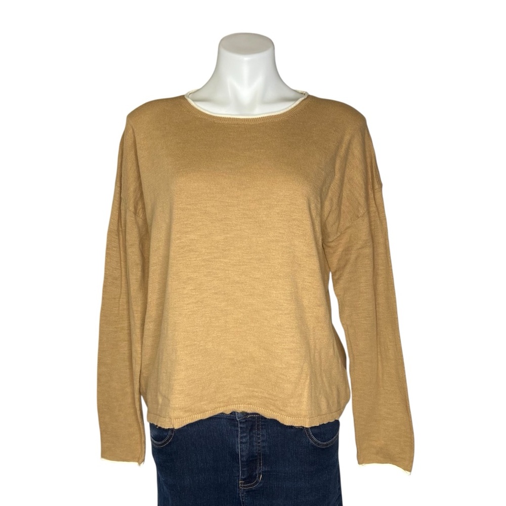 FRYE Pullover Sweater Contrast Rolled Hem Long Sleeve Cotton Tan Womens Large